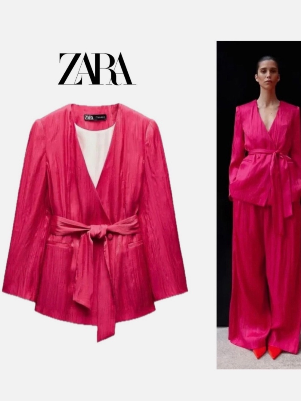 ZARA Hot Pink Pleated Satin Wrap Blazer Jacket Belted Textured Party Evening Top